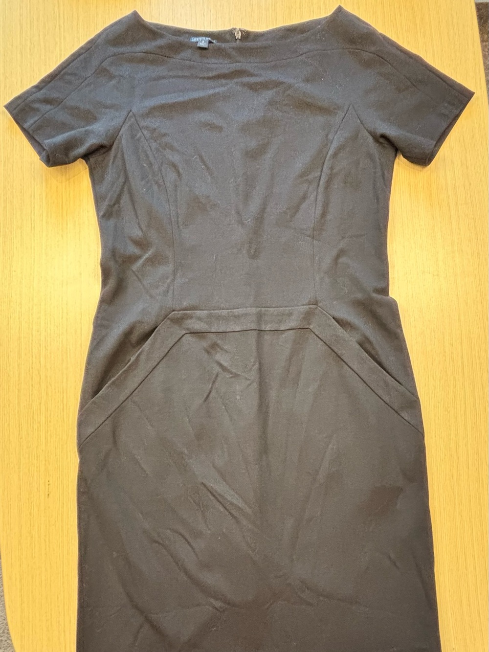 Lafayette 148 New York Black Short Sleeve Boatneck Sheath Dress Pockets Sz 8